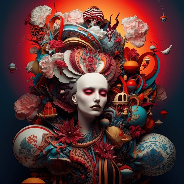 una donna con la faccia rossa è circondata da una grande collezione di oggetti