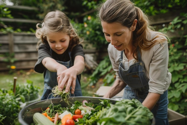 Una donna con la figlia che fa compost con gli avanzi di cucina