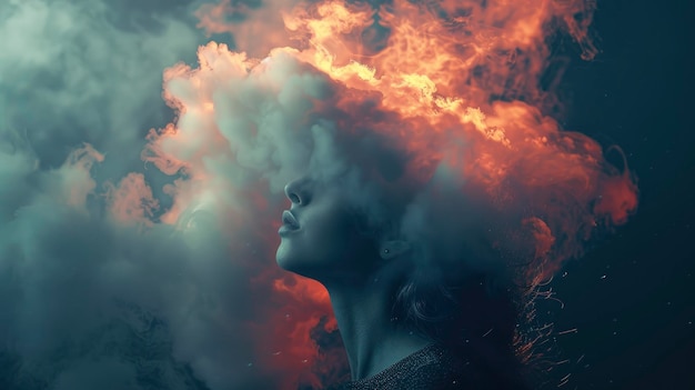 Una donna con la testa nelle nuvole con uno sfondo scuro e la nuvola a forma di capelli