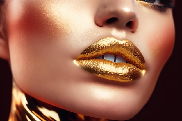 Una donna con labbra d'oro e trucco d'oro