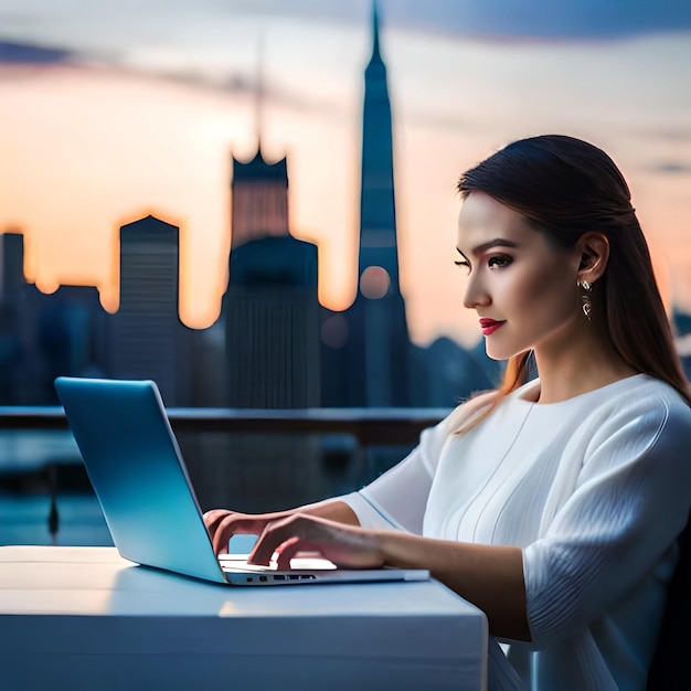 Una donna con laptop e connettività Giornata internazionale di Internet e rivoluzione digitale