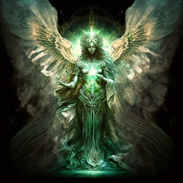 Una donna con le ali bianche e un cuore verde sul petto