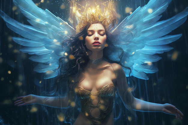 Una donna con le ali e una corona d'oro è circondata da glitter dorati.