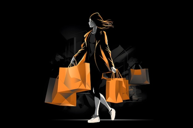 Una donna con le borse della spesa sta camminando davanti a uno sfondo nero.