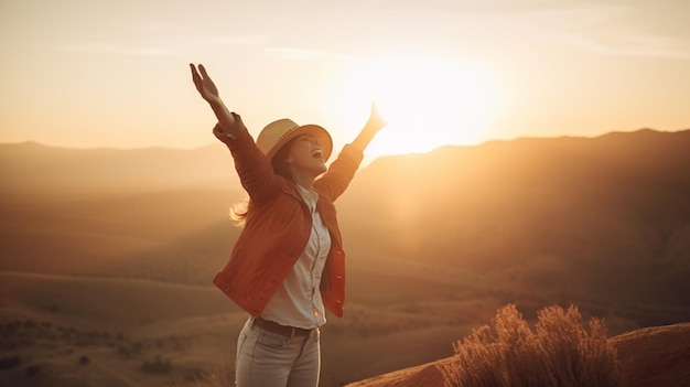 Una donna con le braccia alzate in aria con il sole che tramonta dietro di lei