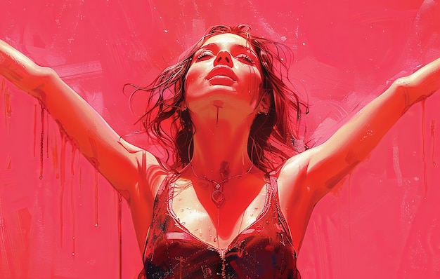 una donna con le braccia alzate su uno sfondo rosa nello stile dell'arte poster arte politica AI generativa