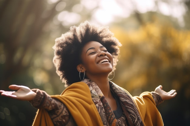 Una donna con le braccia aperte in aria sorridente e le braccia aperte