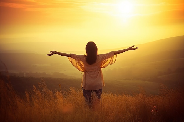 Una donna con le braccia aperte in un campo con il sole che tramonta dietro di lei