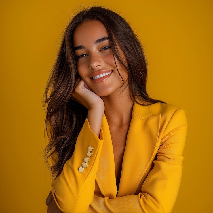Foto una donna con le braccia incrociate e uno sfondo giallo