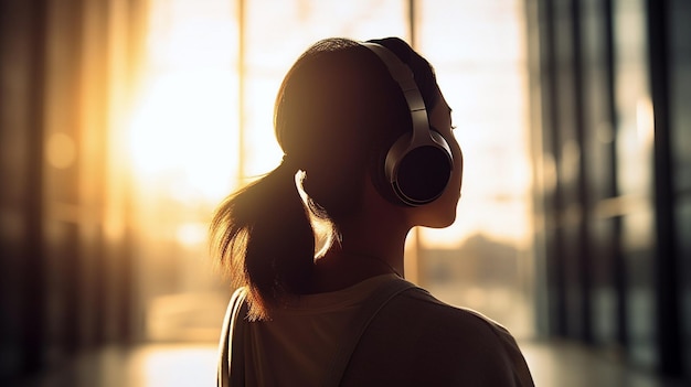 Una donna con le cuffie a guardare fuori da una finestra