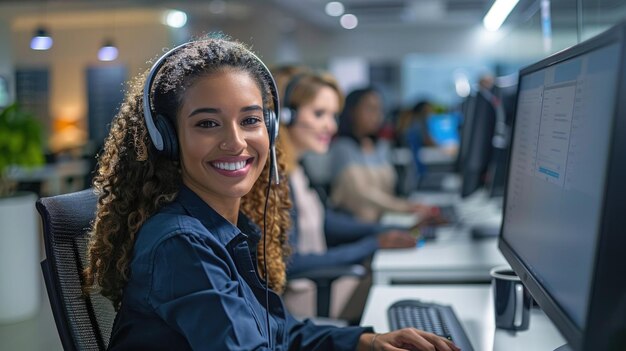 una donna con le cuffie in testa che lavora su un computer