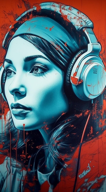 Una donna con le cuffie in testa indossa un poster rosso e blu che dice "la musica è sul davanti". '