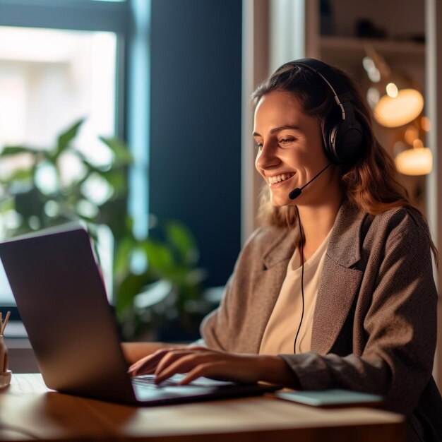 una donna con le cuffie usa un laptop e sorride