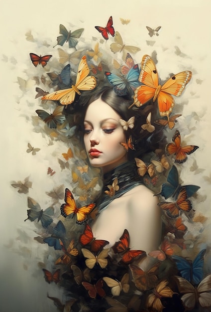 Una donna con le farfalle in testa è circondata da farfalle.