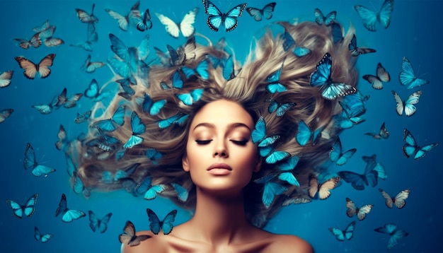 Una donna con le farfalle sui capelli