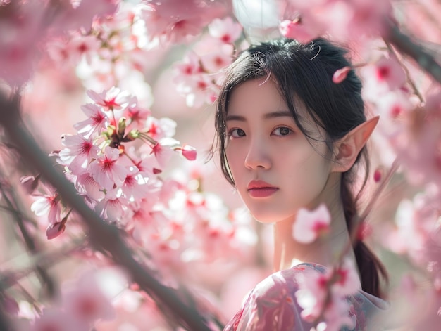 Una donna con le orecchie di elfo in piedi davanti a un albero in fiore