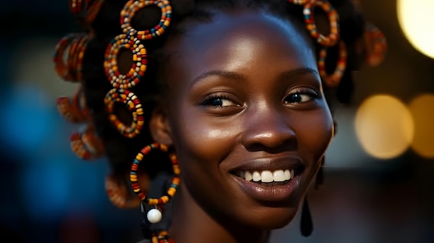 Una donna con le trecce sui capelli sorride alla telecamera.