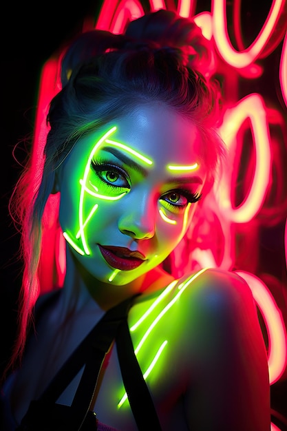 una donna con luci al neon sul viso