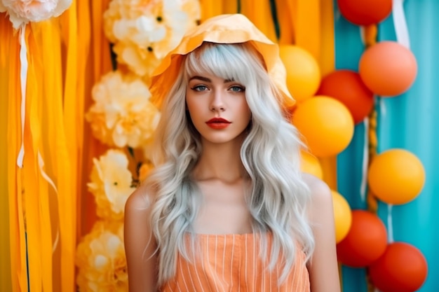 Una donna con lunghi capelli biondi che indossa un cappello arancione si trova di fronte a un muro con palloncini.