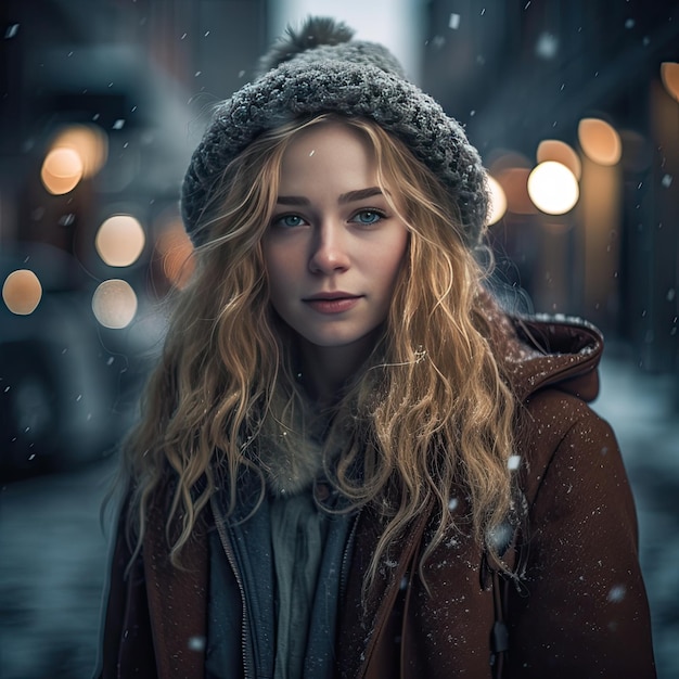 Una donna con lunghi capelli biondi e un cappello si trova nella neve.