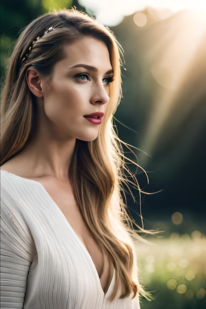 Una donna con lunghi capelli biondi e un vestito bianco sta guardando la telecamera.