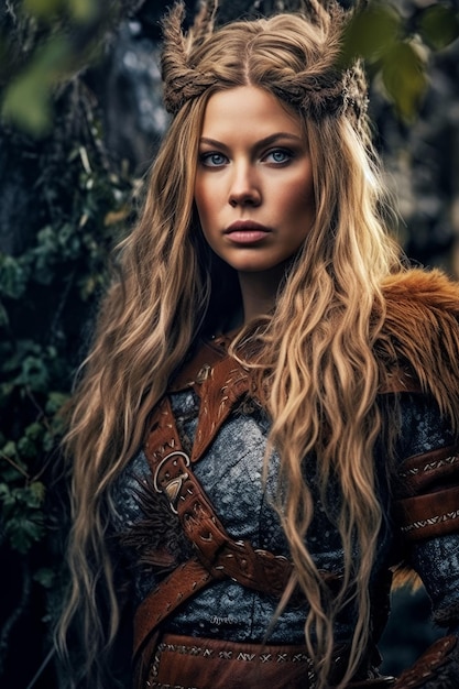 Una donna con lunghi capelli biondi e una cintura con sopra la scritta vikings.