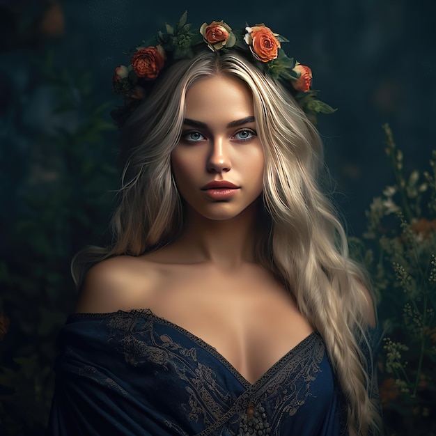 Una donna con lunghi capelli biondi e una corona di rose in testa