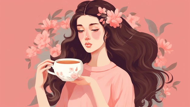 Una donna con lunghi capelli castani e una camicia rosa tiene davanti a sé una tazza di tè.