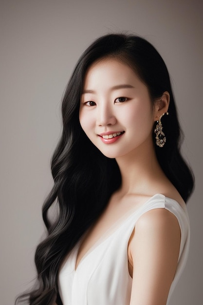 Una donna con lunghi capelli neri e un vestito bianco sorride in uno studio.