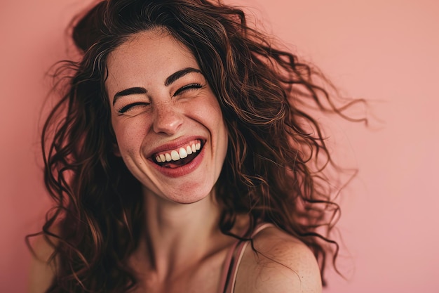 Una donna con lunghi capelli ricci sta ridendo