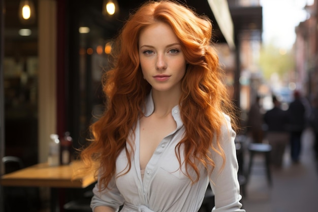una donna con lunghi capelli rossi in piedi davanti a un ristorante