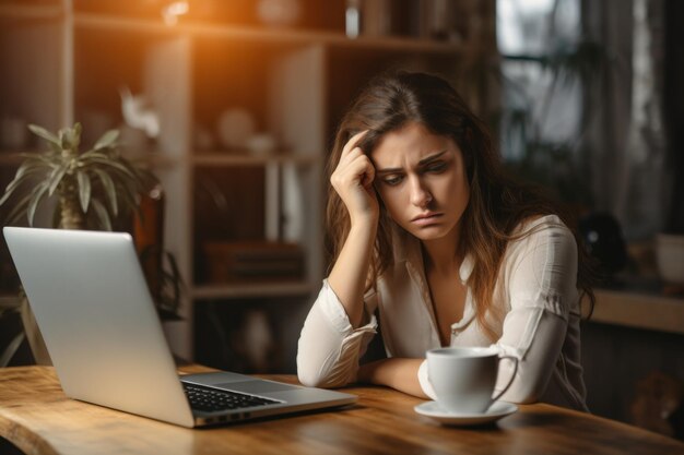 Una donna con mal di testa seduta a una scrivania con un portatile e una tazza di caffè una donna d'affari stanca