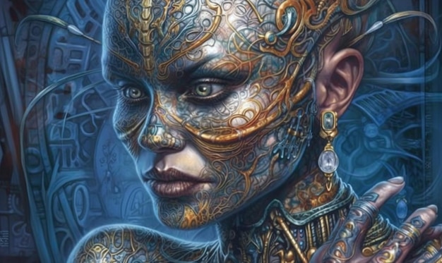 Una donna con occhi dorati e azzurri e un viso dipinto d'oro.