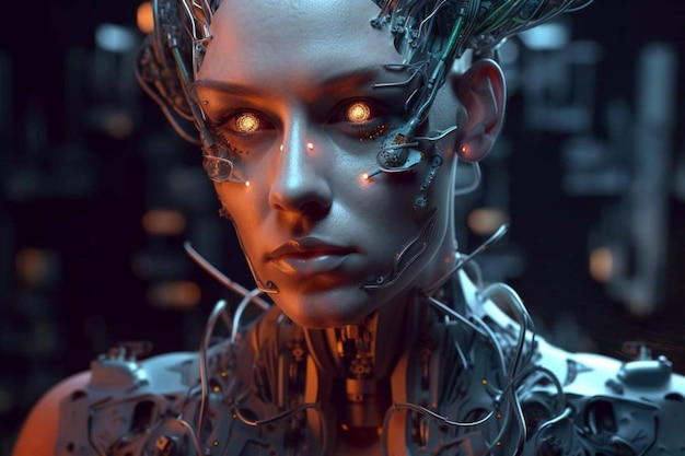 Una donna con occhi luminosi e un viso luminoso con un robot sullo sfondo.
