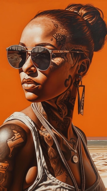 Una donna con occhiali da sole e un tatuaggio sul braccio