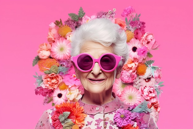 Una donna con occhiali da sole rosa e occhiali da sole rosa rivista stile collage