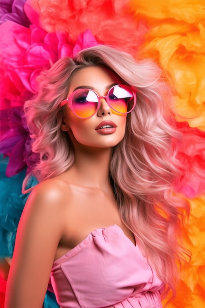 Una donna con occhiali da sole rosa in testa e la parola amore in cima