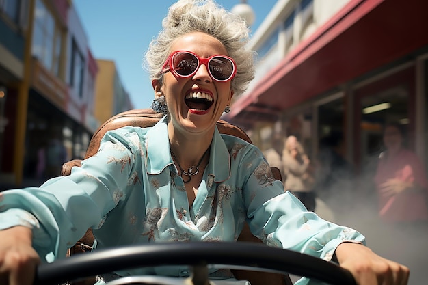 Una donna con occhiali da sole rossi sta guidando un'auto con una donna che indossa occhiali da sole rossi.