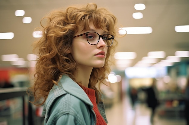 una donna con occhiali e capelli rossi in un aeroporto