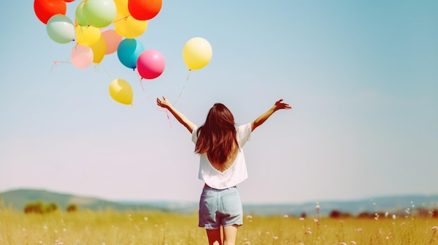 Una donna con palloncini in un campo