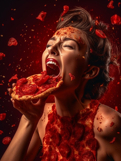 Una donna con rossetto rosso che mangia pizza con uno sfondo rosso e la parola pizza sul fondo.