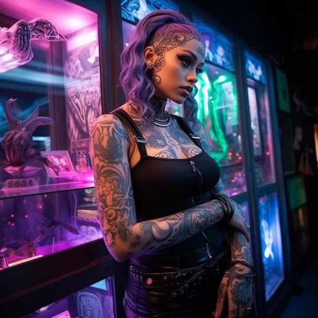 Una donna con tatuaggi e un tatuaggio sul braccio si trova di fronte a una vetrina di un negozio.