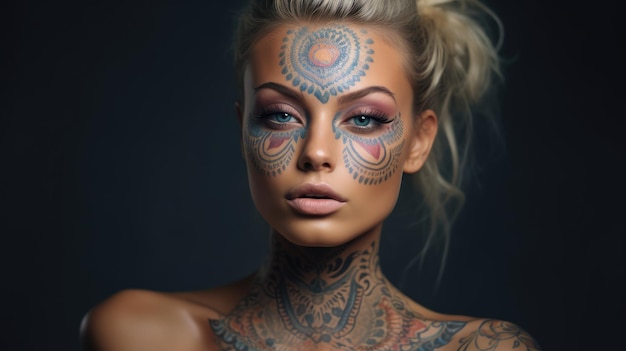 Una donna con tatuaggi sul viso