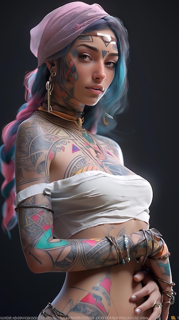 Una donna con tatuaggi sulle braccia e un top bianco
