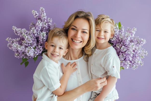 una donna con tre ragazzi e uno sfondo viola