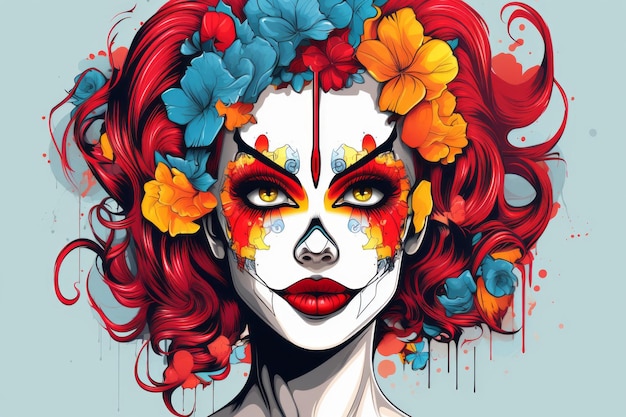 una donna con trucco colorato e fiori sul viso