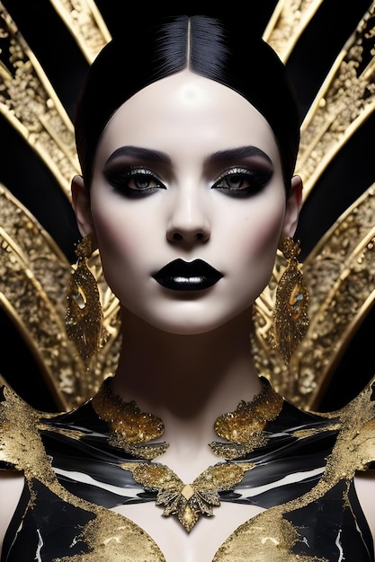 Una donna con trucco nero e labbra nere si trova davanti a uno sfondo nero e oro.