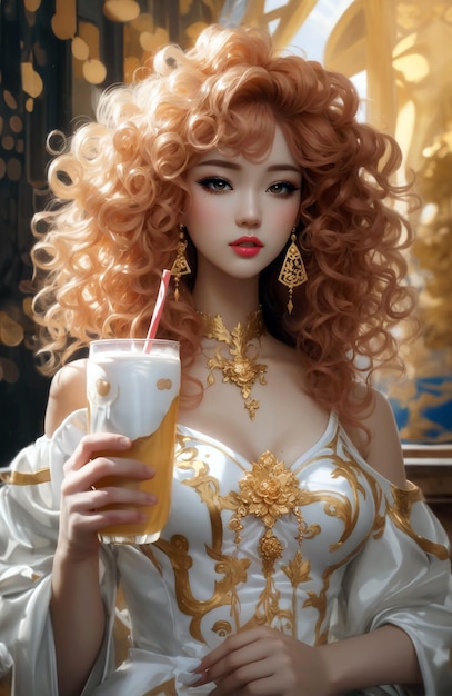 Una donna con un abito bianco e oro che tiene un drink