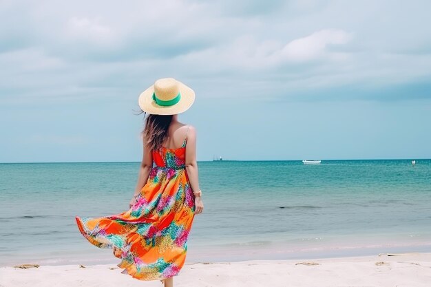 Una donna con un abito colorato si trova su una spiaggia che guarda l'oceano.