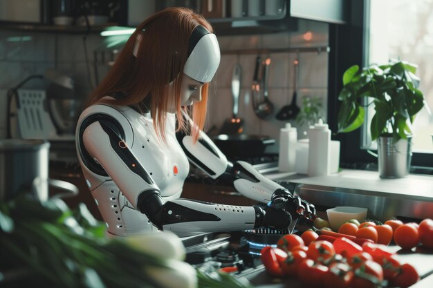 Una donna con un abito da robot bianco sta tagliando i pomodori su un bancone